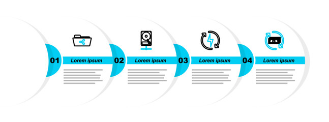 Poster - Set line Refund money, Recharging, Hard disk drive sharing network and Share folder icon. Vector