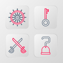 Poster - Set line Pirate hook, Crossed pirate swords, key and Ship steering wheel icon. Vector