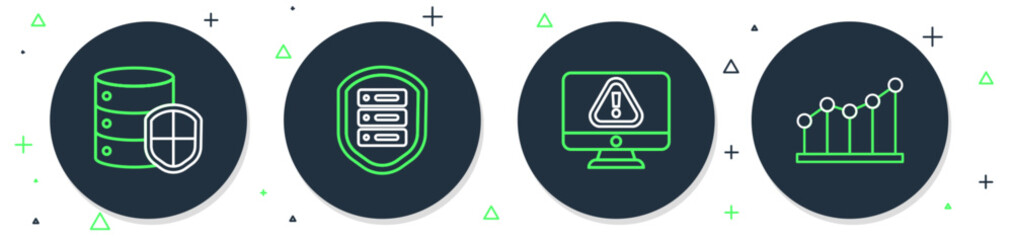 Poster - Set line Server with shield, Monitor exclamation mark, and Pie chart infographic icon. Vector