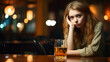 Young woman with glass of drink in bar. Alcoholism problem generative ai
