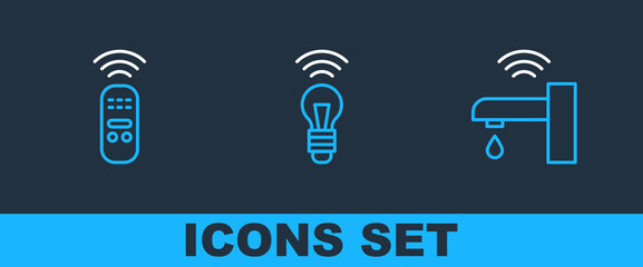 Poster - Set line Smart water tap, remote control and light bulb icon. Vector