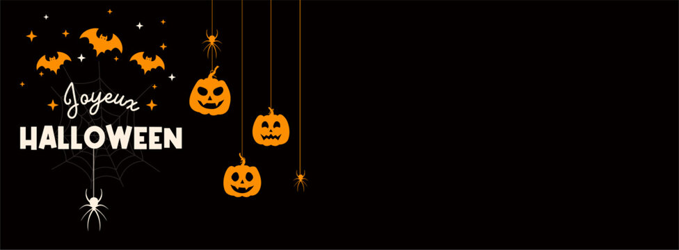 Joyeux Halloween - Bannière pour célébrer la soirée d'Halloween - Fond d'Halloween - Chauves-souris, araignées et citrouilles - Événement - Fête d'octobre - Noir et Orange - Nuit - Web