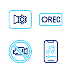 Poster - Set line Music player, Prohibition no video recording, Record button and settings icon. Vector