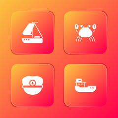 Wall Mural - Set Yacht sailboat, Crab, Captain hat and Cargo ship icon. Vector