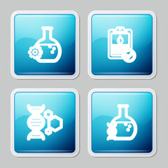 Sticker - Set line Bioengineering, Clipboard with blood test, Genetic and DNA research, search icon. Vector