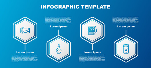 Poster - Set line Mobile and playing in game, Bottle with magic elixir, Slot machine and . Business infographic template. Vector