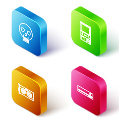 Poster - set isometric line skull, retro arcade game machine, video graphic card and console icon. vector