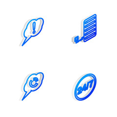 Poster - set isometric line server, speech bubble exclamation, with phone call and clock 24 hours icon. vecto