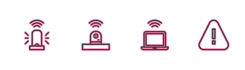 Poster - Set line Smart flasher siren, Wireless laptop, security camera and Exclamation mark in triangle icon. Vector