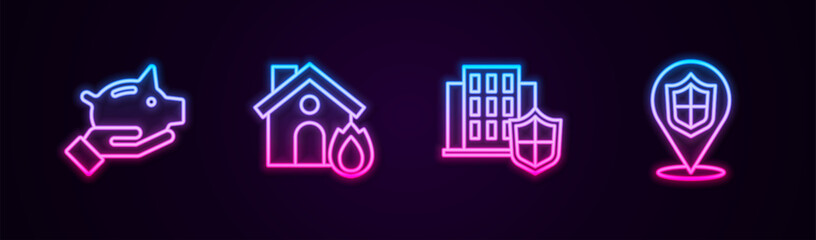 Sticker - Set line Piggy bank, Fire in burning house, House with shield and Location. Glowing neon icon. Vector