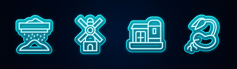 Sticker - Set line Sifting flour, Windmill, Farm house and Sprout. Glowing neon icon. Vector