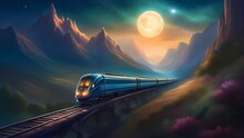 A Train Running In A Full Moon Night Between Mountains