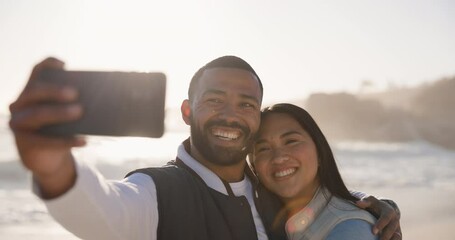 Sticker - Couple, selfie and happy at beach for vacation, holiday fun or travel with social media. Asian woman and man together at ocean with interracial love, profile picture and adventure memory outdoor