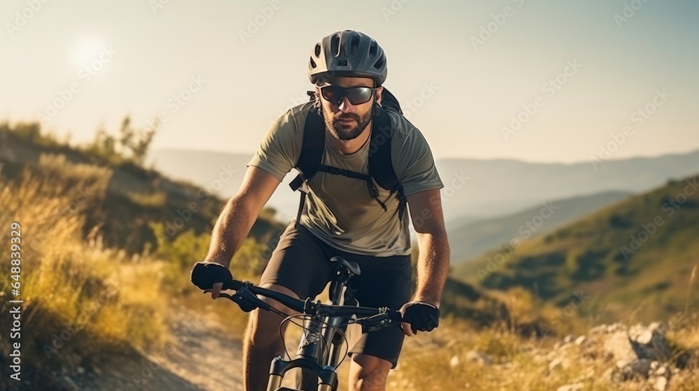 Man caucasian male cyclist riding ebike electric bike open air in mountain extend at the pig out or edge before his companions wear defensive head protector and eyeglasses in sunny day duplicate space