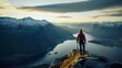 Man hiker climbing in mountains alone open air dynamic way of life travel experience excursions dusk Norway scene