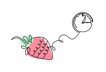 Wall Mural - Drawing line of color strawberry and clock on the white