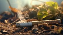A Close-up Of A Discarded Cigarette Butt In A Natural Environment, Highlighting Litter Issues 