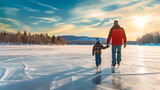 Father and son ice skating on an outdoor skating rink.
