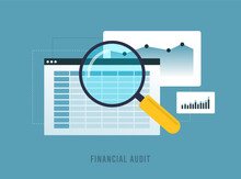 Financial Audit And Expert Accounting. Budget Calculation, Profit-Loss Analysis Audit And Financial Report Generation By Business Accountants. Vector Illustration On Blue Background With Icons