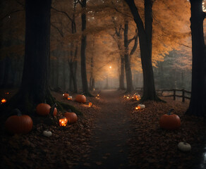 Wall Mural - halloween pumpkin in the forest