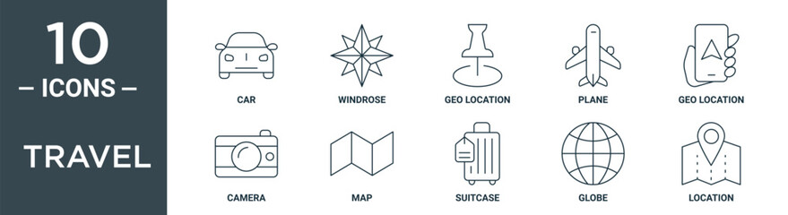 travel outline icon set includes thin line car, windrose, geo location, plane, geo location, camera, map icons for report, presentation, diagram, web design