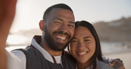 Poster - Couple at beach, face and selfie, travel and romance outdoor with social media post, memory and happiness. Love, care and hug, tropical vacation and smile in picture with life partner and trust