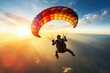 A person paragliding in the sky at sunset. This image captures the thrill and freedom of paragliding. Perfect for adventure sports and outdoor enthusiasts.