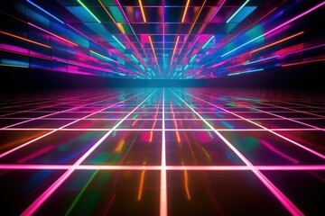 Canvas Print - A mesmerizing neon light tunnel illuminates a dark room. Perfect for creating a futuristic or mysterious atmosphere in designs and projects.