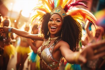 Poster - A vibrant image of a woman in a colorful costume dancing in a parade. This picture captures the excitement and energy of the event. Perfect for showcasing cultural celebrations and joyful moments.
