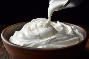 Poster - A picture of a bowl of whipped cream with a spoon in it. This image can be used to showcase the deliciousness of desserts or as a topping for various treats.