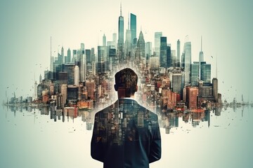 Poster - A man standing confidently in front of a stunning city skyline. Perfect for showcasing urban lifestyle and success.