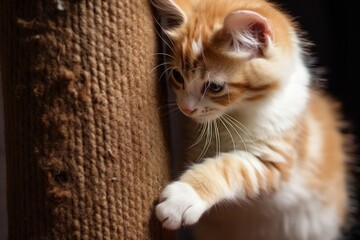 Poster - A cute and playful orange and white kitten climbing on a scratching post. Perfect for pet owners or animal lovers looking for an adorable image to use in their projects.