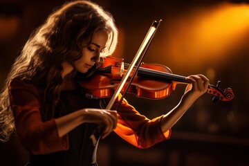 Poster - A woman playing a violin in a dark room. This image can be used to depict solitude, passion for music, or a mysterious atmosphere.