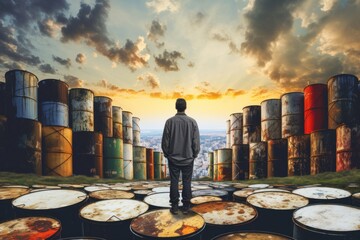 Poster - A man standing in front of a field filled with rows of oil drums. This image can be used to represent the oil industry, environmental concerns, or industrial landscapes.