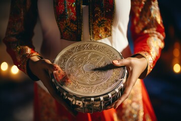 Poster - A woman in a red dress holding a silver plate. This versatile image can be used for various purposes.