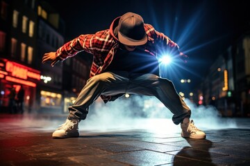 Aufkleber - A man wearing a hat is captured dancing energetically on the street. This vibrant image can be used to depict joy, celebration, urban lifestyle, or street performances.