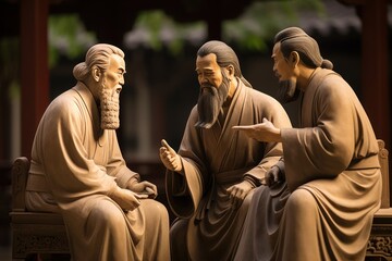 Poster - A picture of three statues of men sitting on a bench. This image can be used to depict friendship, companionship, or a gathering of people in a public space.