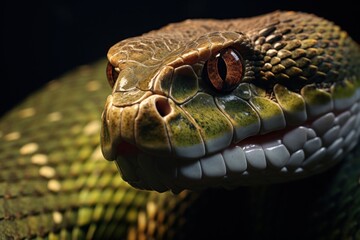 Poster - A close-up view of a snake's head with its mouth open. This image captures the detailed features of the snake's head and its menacing expression. It can be used to depict danger, wildlife, reptiles, o