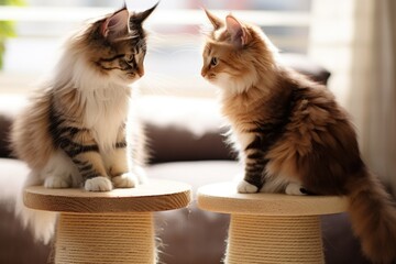 Poster - A picture of a couple of cats sitting on top of a table. Perfect for showcasing the playful nature of cats and adding a touch of cuteness to any project.