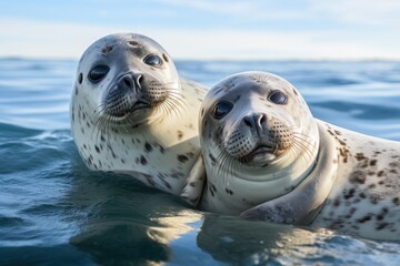 Poster - A picture of a couple of seals sitting peacefully on top of a body of water. This image can be used to represent marine life, wildlife, or nature in general. It is also suitable for educational or env