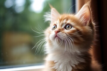 Poster - A cute orange and white kitten is seen peering out of a window. This adorable image can be used to depict curiosity, innocence, or the joy of exploring the world from a safe space.
