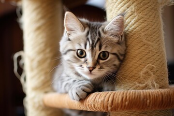 Poster - A adorable kitten sitting on top of a scratching post. Perfect for pet lovers and cat enthusiasts.