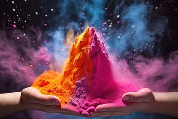 Aufkleber - A person holding a pile of colored powder in their hands. This vibrant image captures the essence of celebration and joy. Perfect for various creative projects and events.