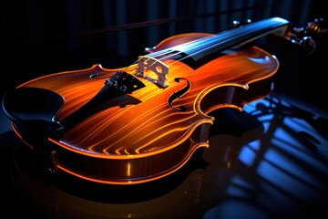Poster - A violin is placed on top of a table. This image can be used to represent music, musical instruments, or a musician's workspace.