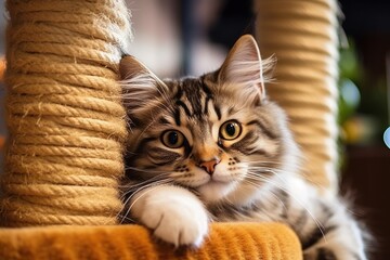 Poster - A cat is seen sitting on top of a scratching post. This image can be used to depict a happy and content cat enjoying its designated spot for scratching.