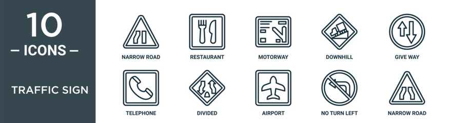 traffic sign outline icon set includes thin line narrow road, restaurant, motorway, downhill, give way, telephone, divided icons for report, presentation, diagram, web design