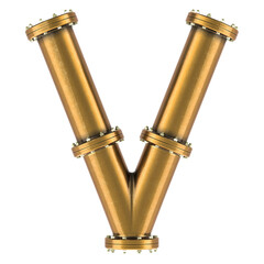 Poster - Letter V from copper, bronze or brass pipes, 3D rendering isolated on transparent background
