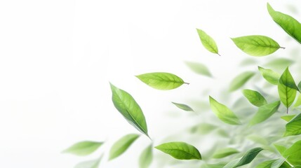 Green flying leaves isolated on white background with place foe text. Fresh tea, air purifier, organic, vegan, eco or beauty product concept design