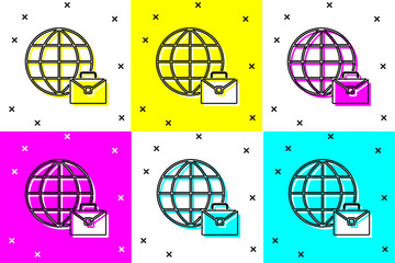 Poster - Set Online working icon isolated on color background. Freelancer man working on laptop at his house. Remote work. Distant job concept. Vector