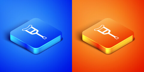 Wall Mural - Isometric Crutch or crutches icon isolated on blue and orange background. Equipment for rehabilitation of people with diseases of musculoskeletal system. Square button. Vector